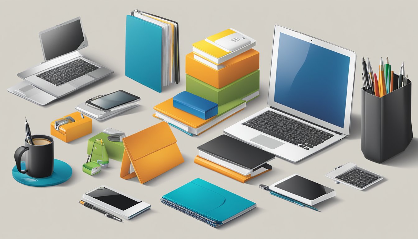 A table displaying a variety of corporate gifts, including branded pens, notebooks, and electronic gadgets. The company logo is prominently featured on each item