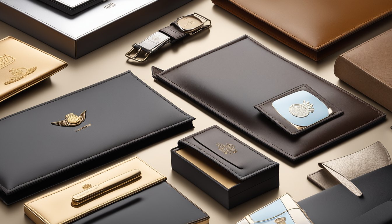 A display of elegant corporate gifts, showcasing quality and craftsmanship. Brand logos subtly embossed on leather, metal, and glass items