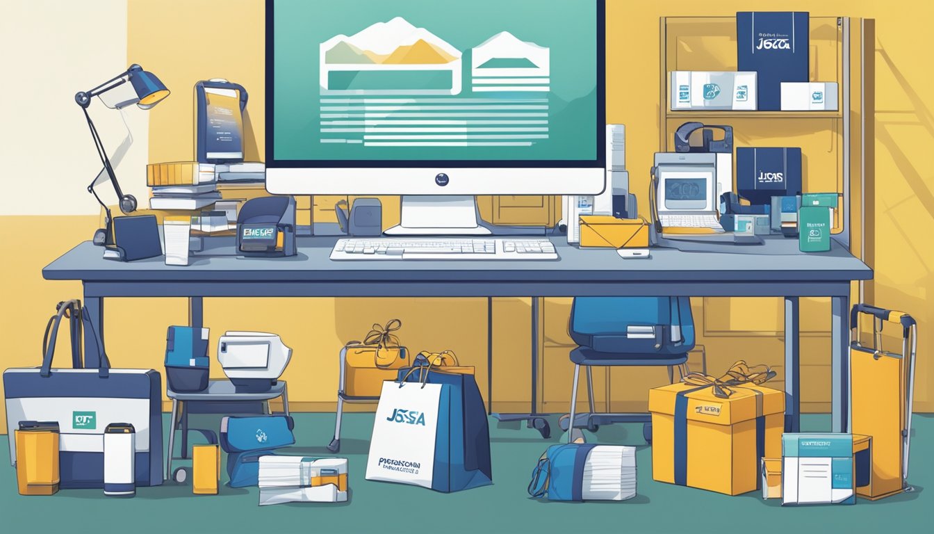 A table with various corporate gift items displayed, including branded merchandise and high-quality imaging products. Bright lighting highlights the products, and a professional-looking banner with the words "Pricing and Value JOSA IMAGING Corporate Gifts Review" hangs in the background
