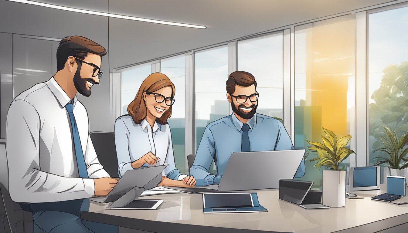 A group of corporate gifts displayed on a sleek, modern table with the JOSA IMAGING logo prominently featured. A customer service representative is smiling and assisting a client in the background