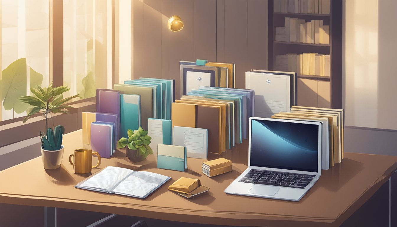 A group of diverse corporate gifts arranged neatly on a table, with a spotlight shining on a plaque that reads "JOSA IMAGING Customer Testimonials and Reviews."
