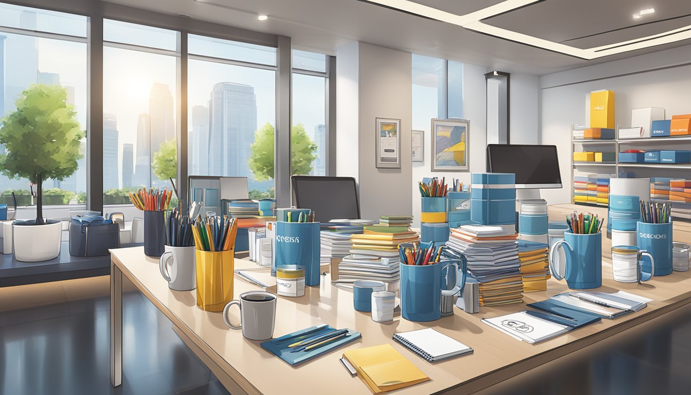 A table filled with corporate gifts, including branded pens, mugs, and notebooks, displayed in a well-lit showroom