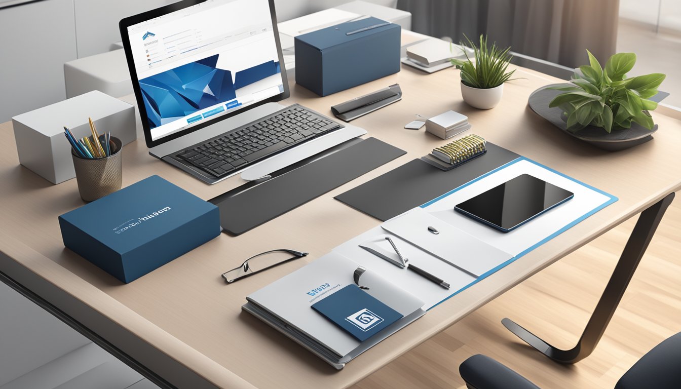 A sleek office desk with a branded corporate gift set displayed prominently. The company logo is visible in the background