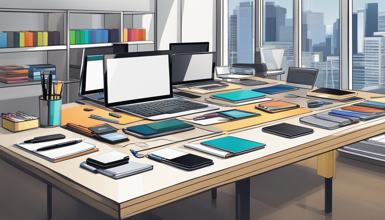 A table filled with various corporate gifts, including branded pens, notebooks, and electronic gadgets, displayed in a well-lit showroom