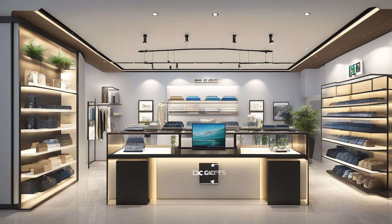 A sleek, modern corporate gift display showcases high-quality products with attention to detail and craftsmanship. The logo of DC9 Gifts Pte Ltd is prominently featured, adding a professional touch to the scene