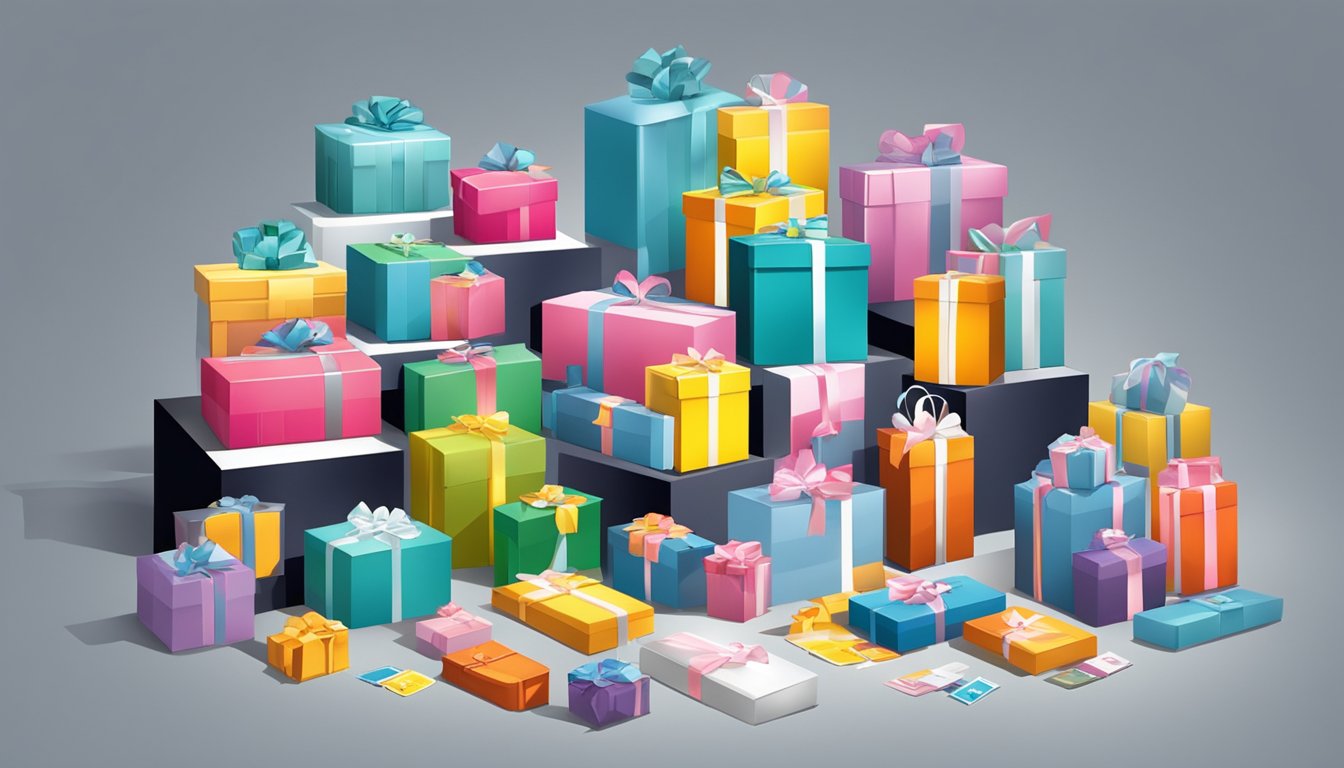 A table displays various corporate gifts with price tags. The products are arranged neatly, showcasing their value