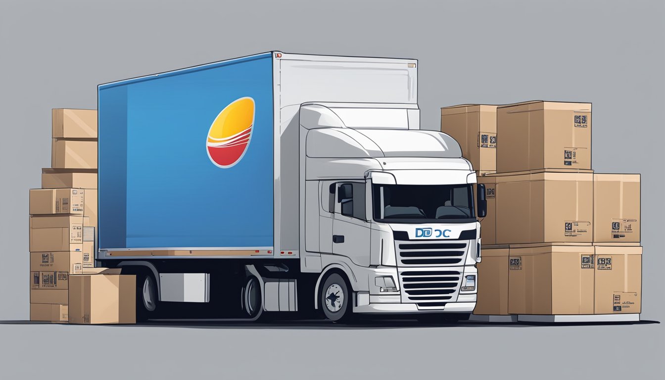 A delivery truck unloads boxes at the DC9 Gifts Pte Ltd warehouse. Packages are labeled with corporate logos