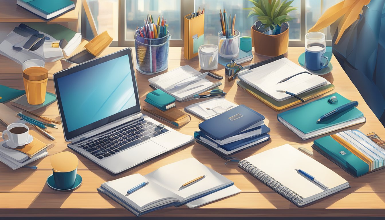 A table filled with various corporate gifts, including branded pens, notebooks, and drinkware. The room is well-lit with a professional atmosphere