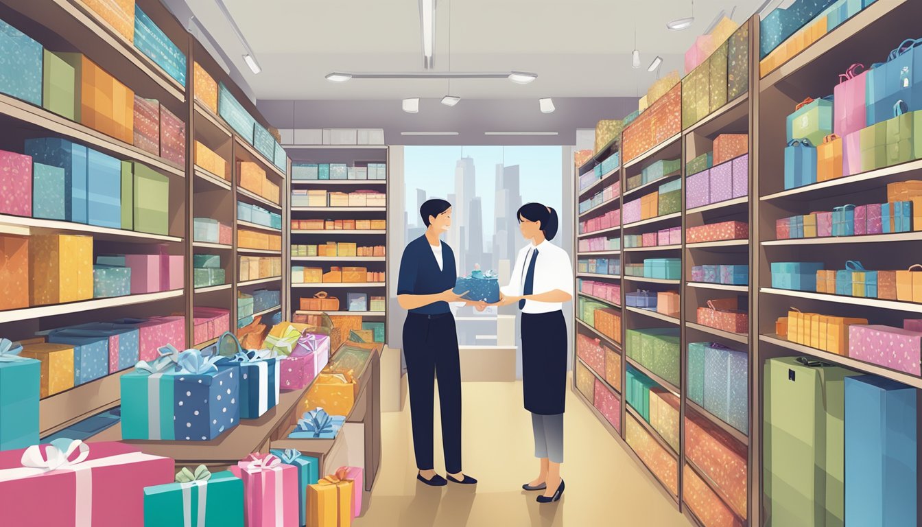 A customer service representative assists a corporate client with gift selection at DC9 Gifts Pte Ltd, surrounded by various corporate gift options