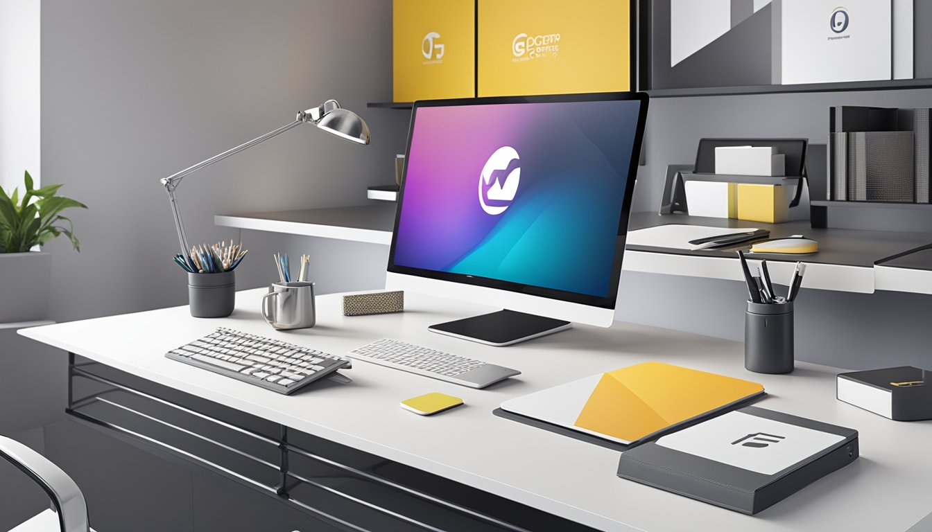 A sleek office desk with branded corporate gifts displayed neatly in a modern setting. The FG Concepts Pte Ltd logo is prominently featured in the background