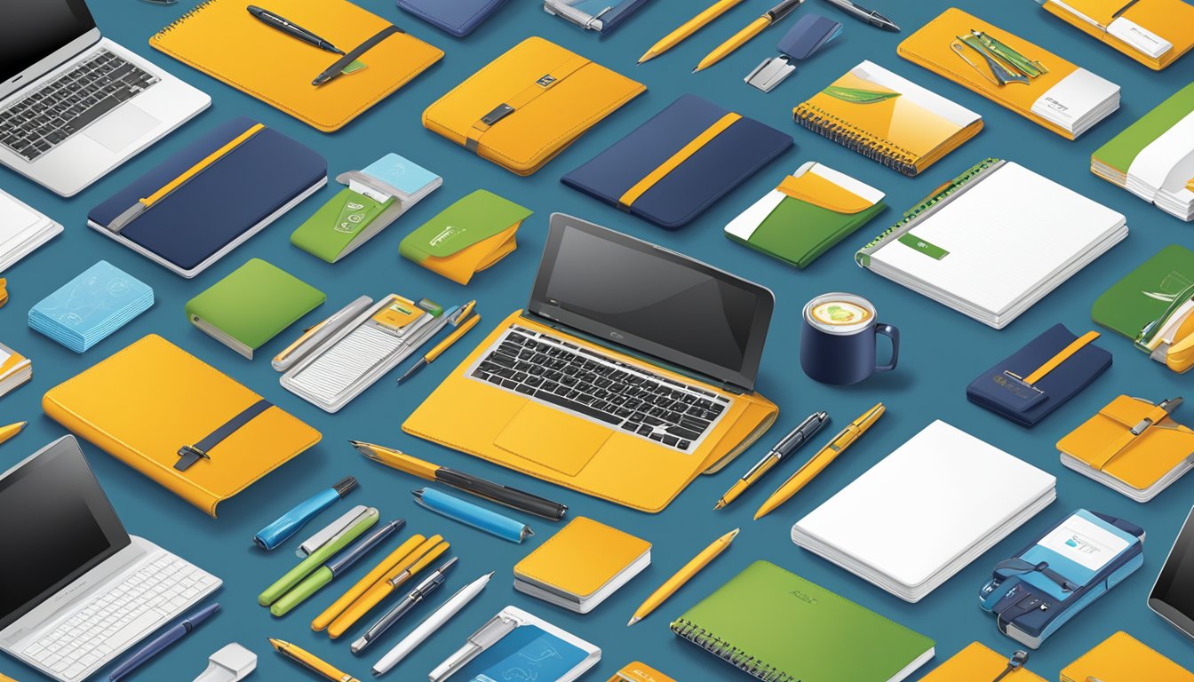 A table displaying a variety of corporate gifts, including branded pens, notebooks, and electronic gadgets, with a company logo prominently featured