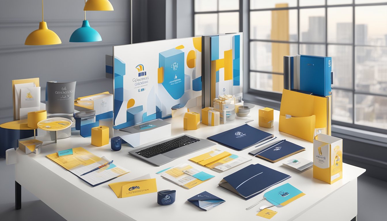 A table adorned with various corporate gifts, including branded merchandise and elegant stationery, displayed in a well-lit showroom