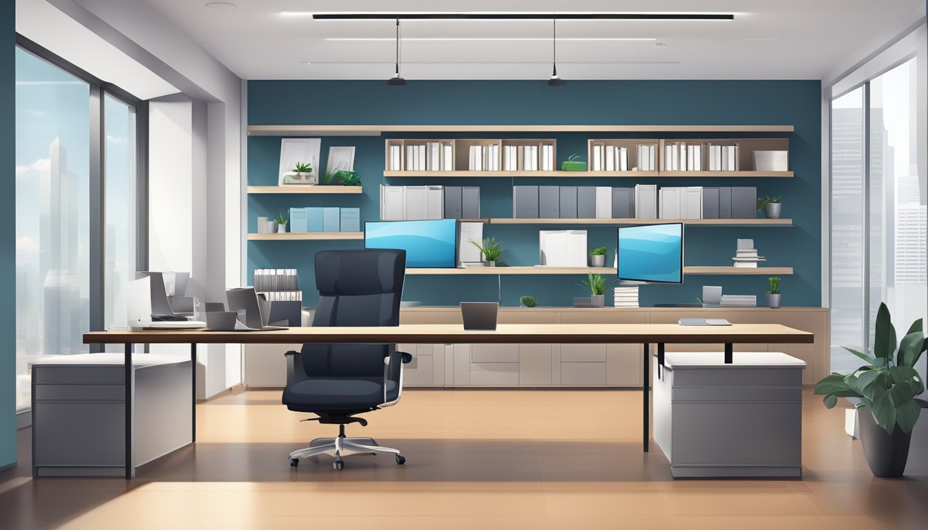 A modern office with a sleek logo displayed prominently. Corporate gifts are neatly arranged on shelves, with a professional and welcoming atmosphere