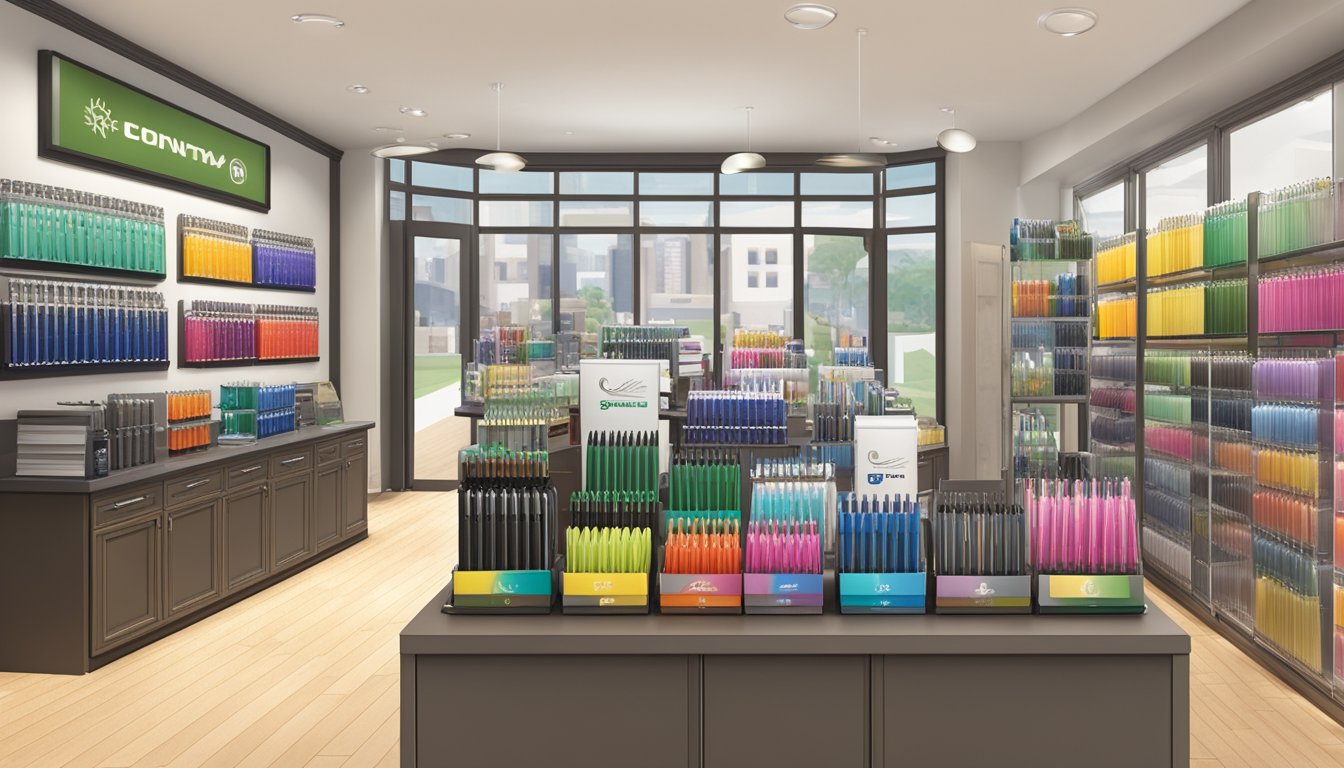 A table displays a variety of corporate gifts, including branded pens, notebooks, and drinkware. The shop logo is prominently displayed on the wall
