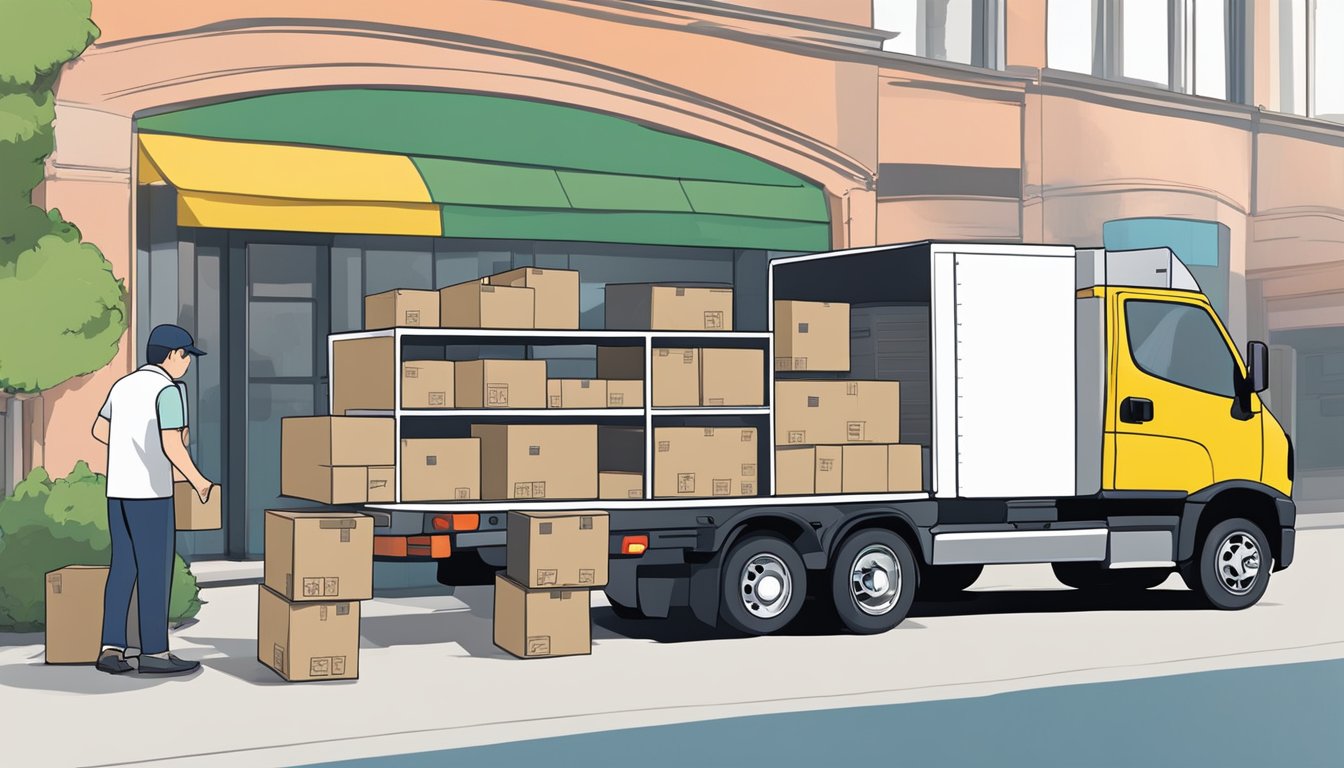 A delivery truck pulls up to the FG Concepts Pte Ltd office, unloading boxes of corporate gifts. Staff members inspect and review the items