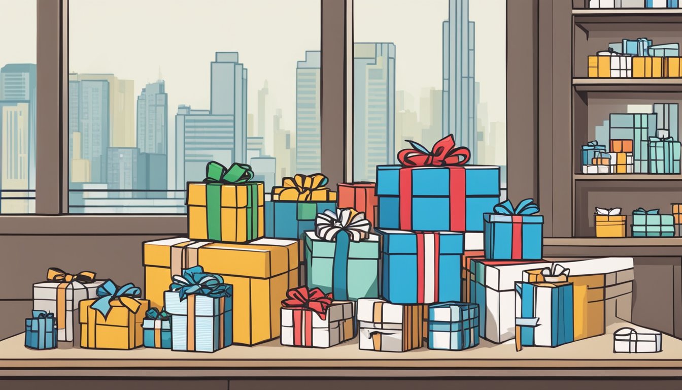 A table displays various corporate gifts. A sign reads "Pricing and Value ShopGifts Pte Ltd Corporate Gifts Review."