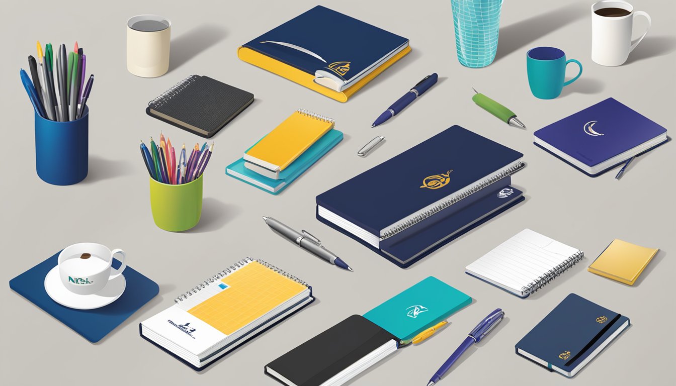 A table displaying various corporate gifts, including branded pens, notebooks, and drinkware. A company logo is prominently featured on each item