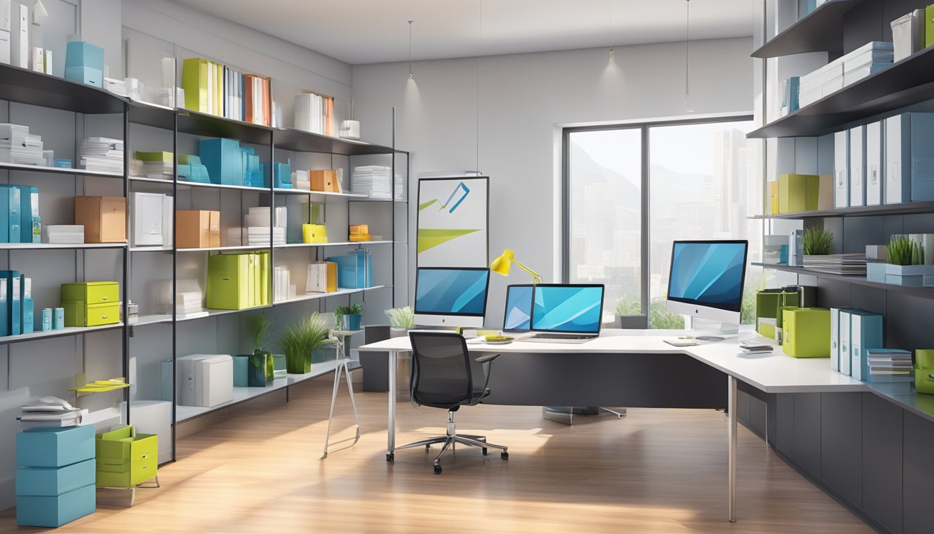 A modern office setting with branded corporate gifts displayed on sleek shelves and a company logo prominently featured on the wall