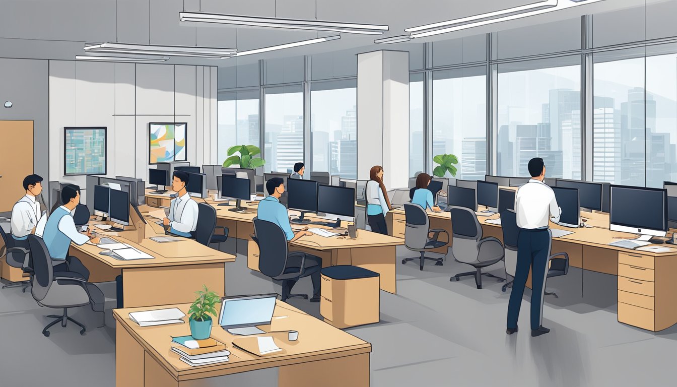 A corporate office with employees discussing and reviewing frequently asked questions about FG Concepts Pte Ltd's corporate gifts