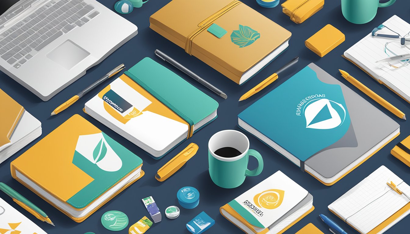 A table filled with branded corporate gifts, including mugs, notebooks, and pens. A company logo is prominently displayed on each item