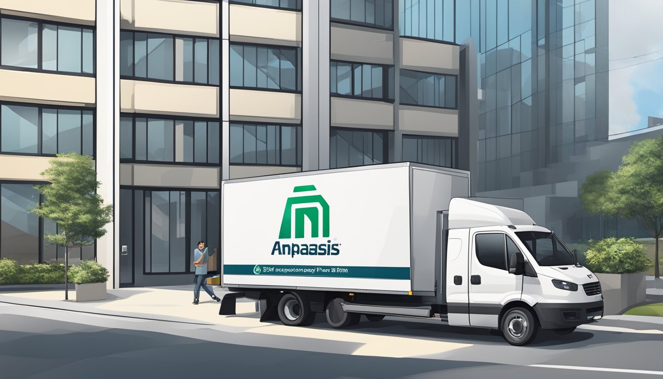 A delivery truck unloading boxes outside an office building with the company logo "Amphasis Design Pte Ltd" on them