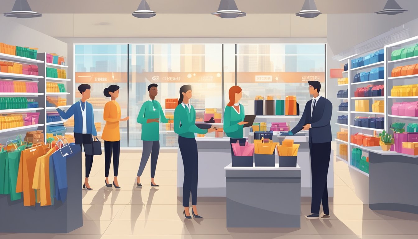 A busy customer service shop with shelves of corporate gifts. A display of branded merchandise and a counter with staff assisting clients