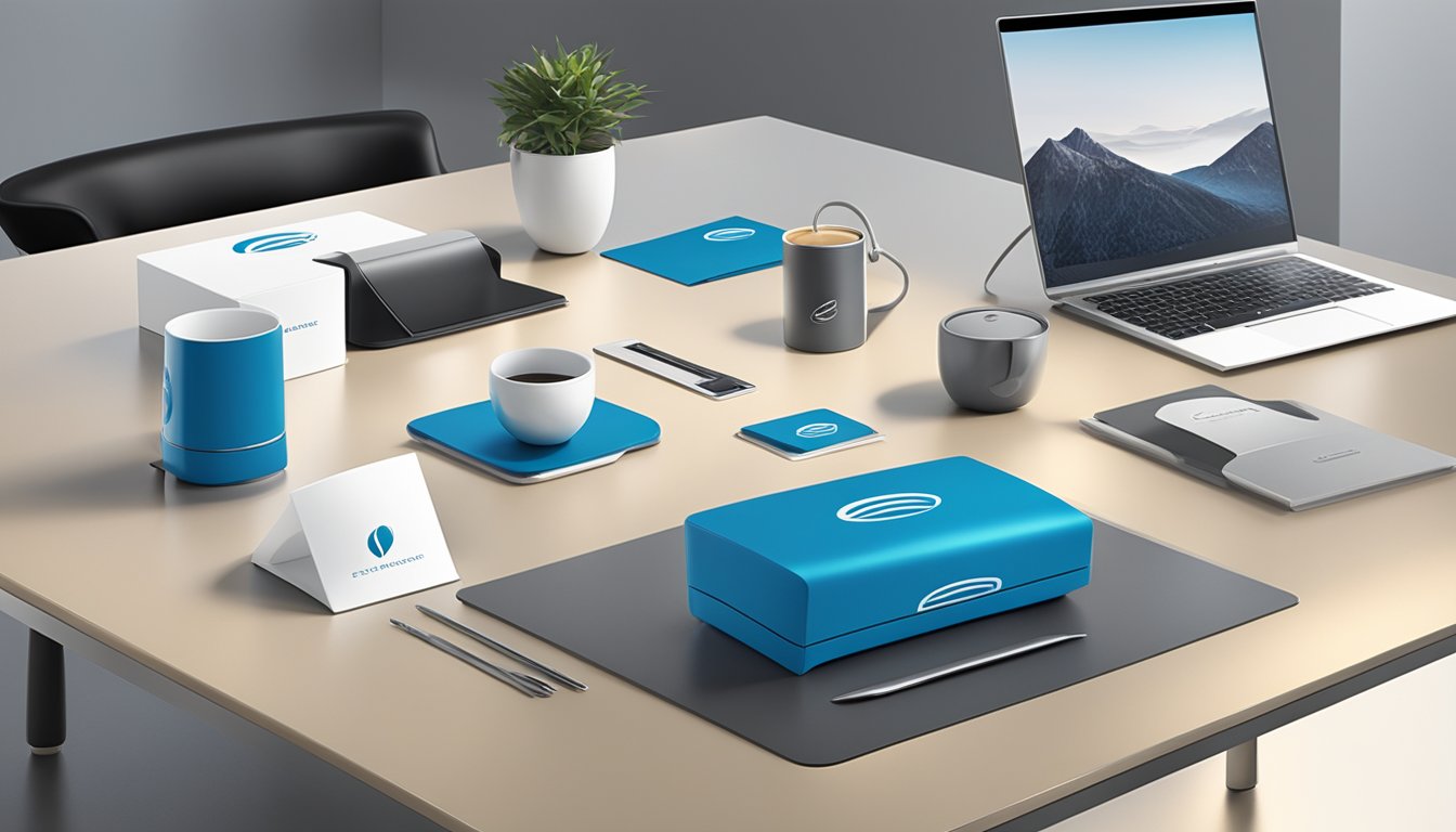 A group of corporate gifts displayed on a sleek, modern table with the company logo prominently featured. Bright lighting and clean lines give a professional and polished look