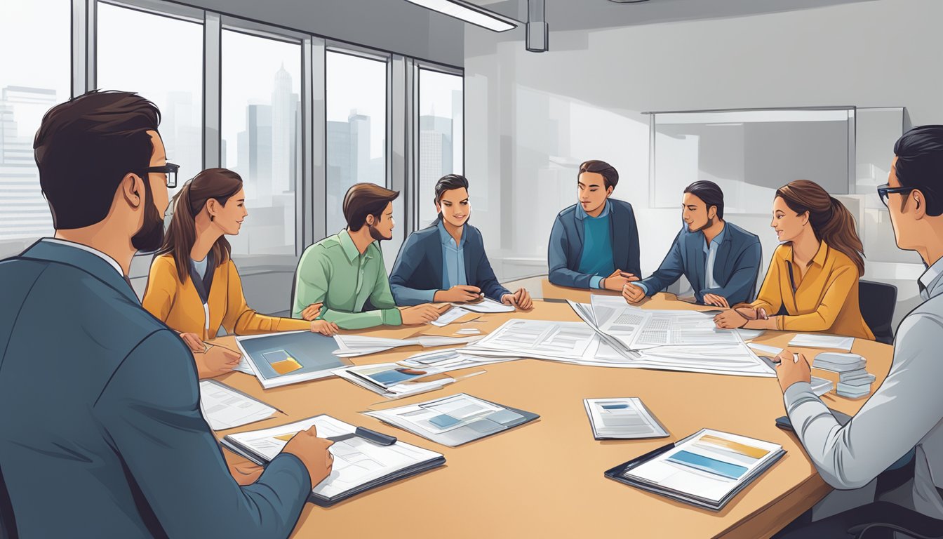 A group of employees gather around a table, examining and discussing various corporate gift options. A banner with the company logo hangs in the background