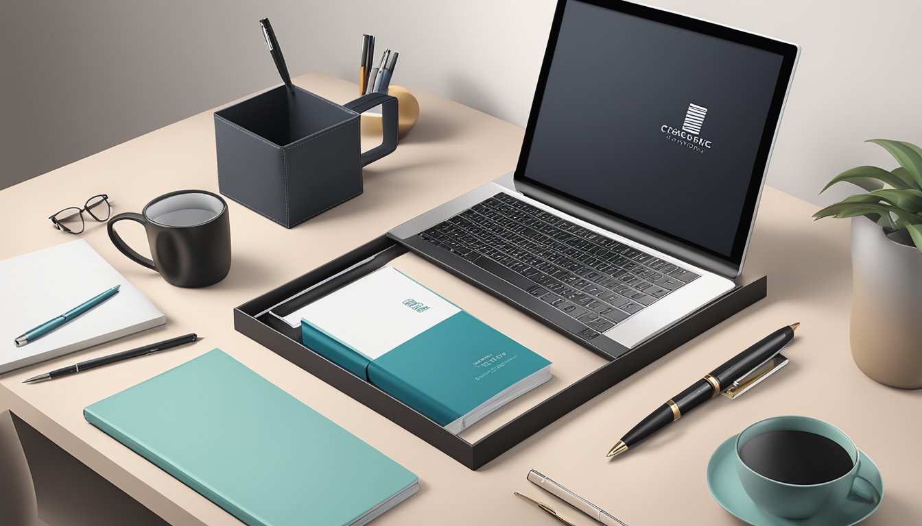 A sleek office desk with a branded pen set, leather notebook, and a custom logo mug. A wall display of framed corporate gifts