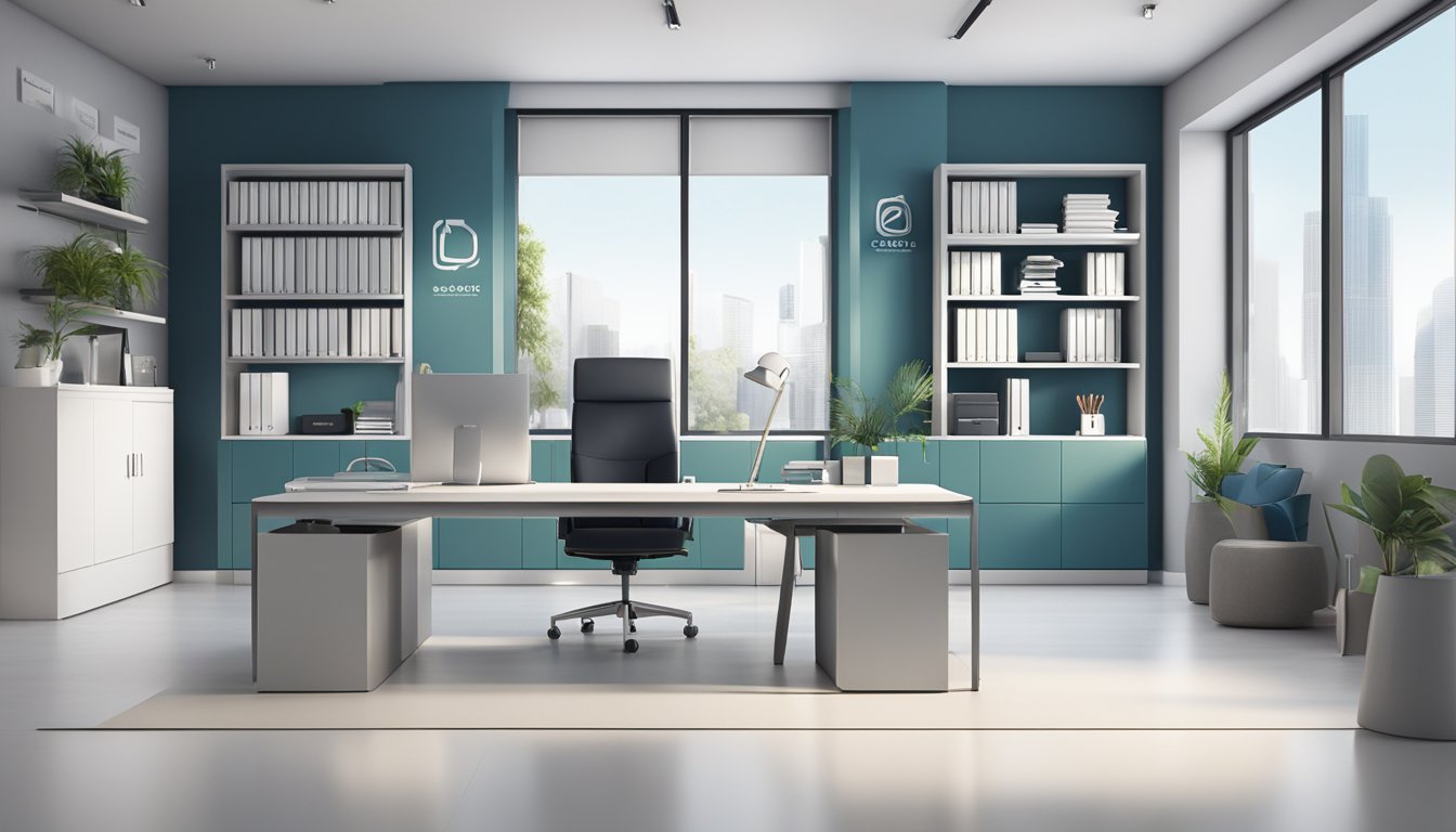 A sleek, modern office space with branded corporate gifts displayed on shelves and desks. The company logo is prominently featured on the walls and promotional materials