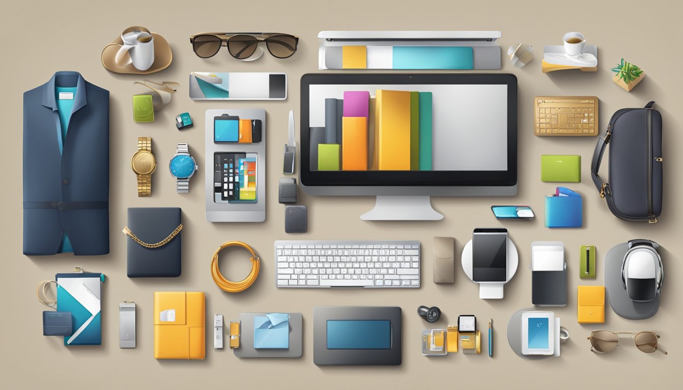 A table filled with various corporate gifts, including branded items, tech gadgets, and luxury accessories, displayed in an organized and appealing manner