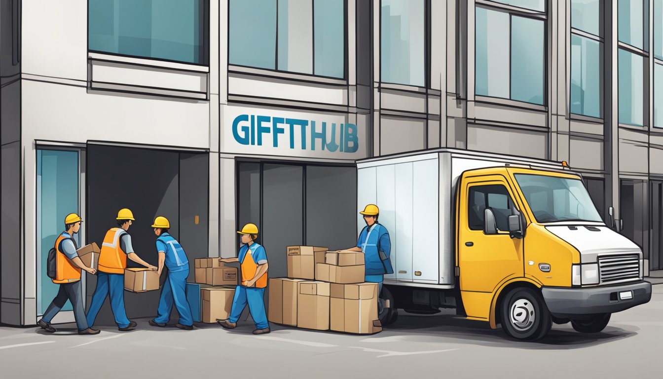 A delivery truck parked outside an office building, with workers unloading boxes of corporate gifts labeled "Gifthub Pte. Ltd."