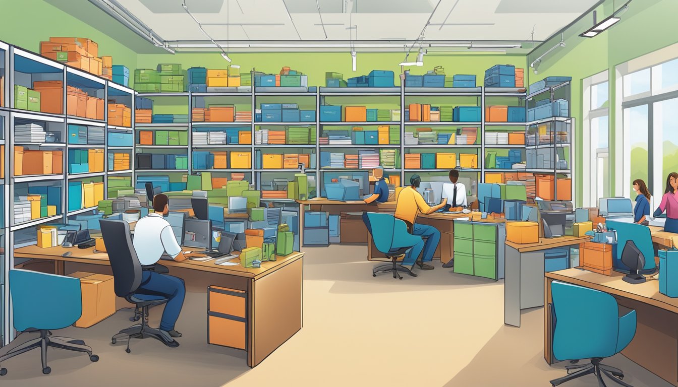 A busy office with employees answering phones and processing orders for corporate gifts. Brightly colored gift boxes and logo-branded merchandise line the shelves