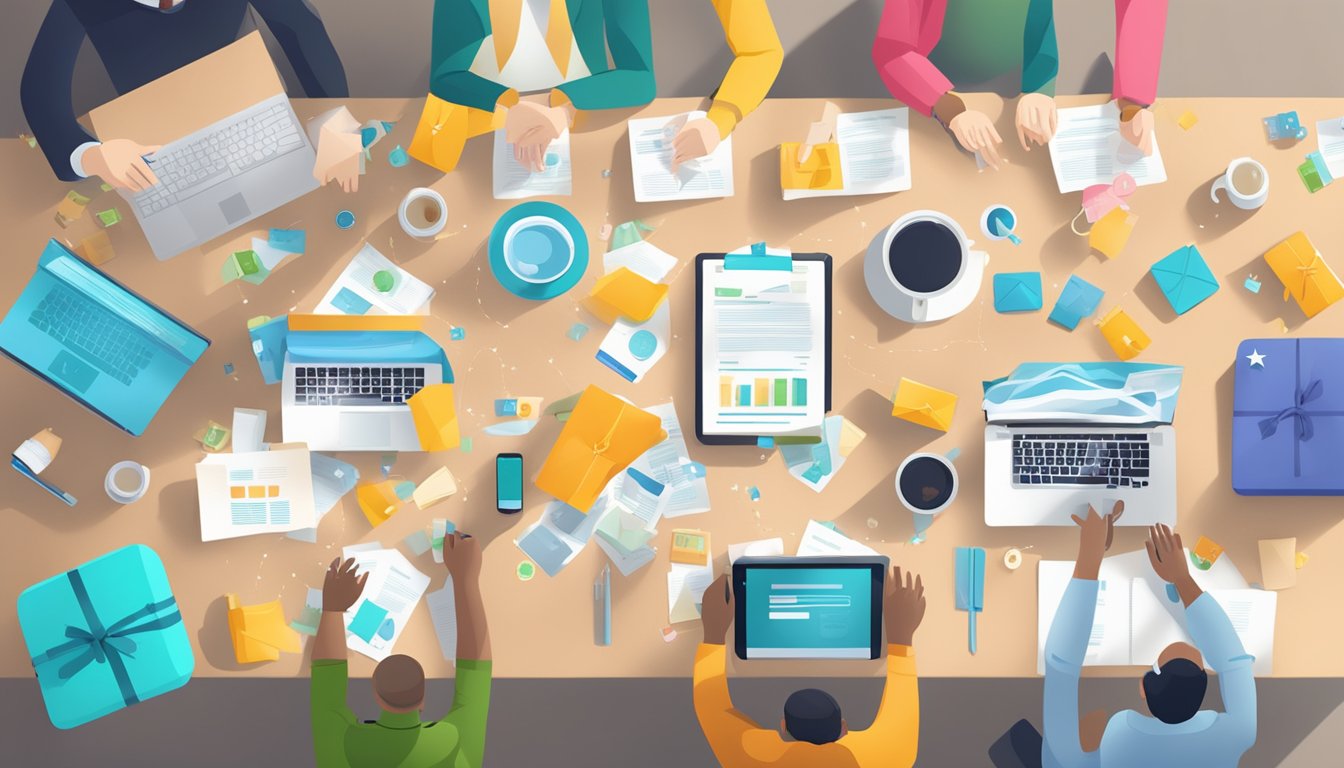A group of diverse corporate gifts displayed on a sleek, modern table with glowing customer testimonials and reviews hovering above them