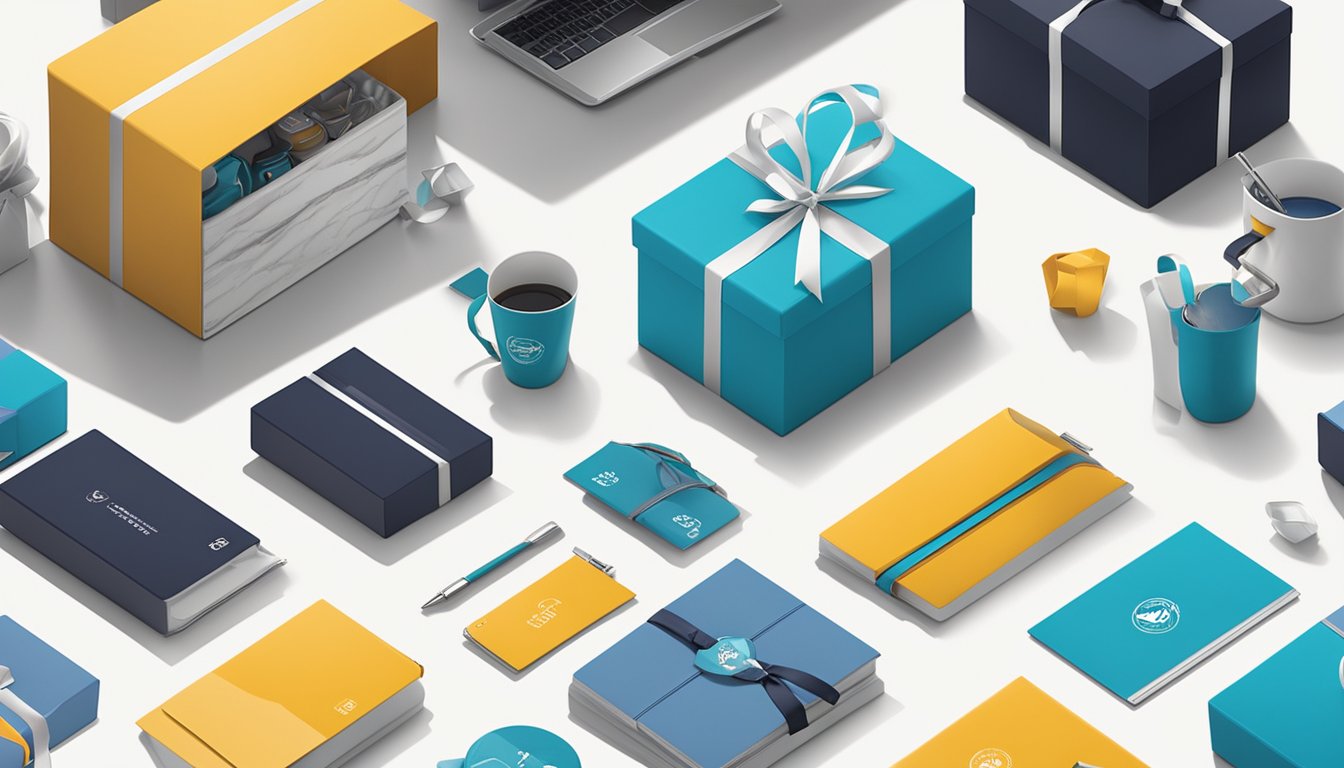 A group of corporate gifts displayed on a sleek, modern table with the Gifthub Pte. Ltd logo prominently featured. Bright, professional lighting highlights the products