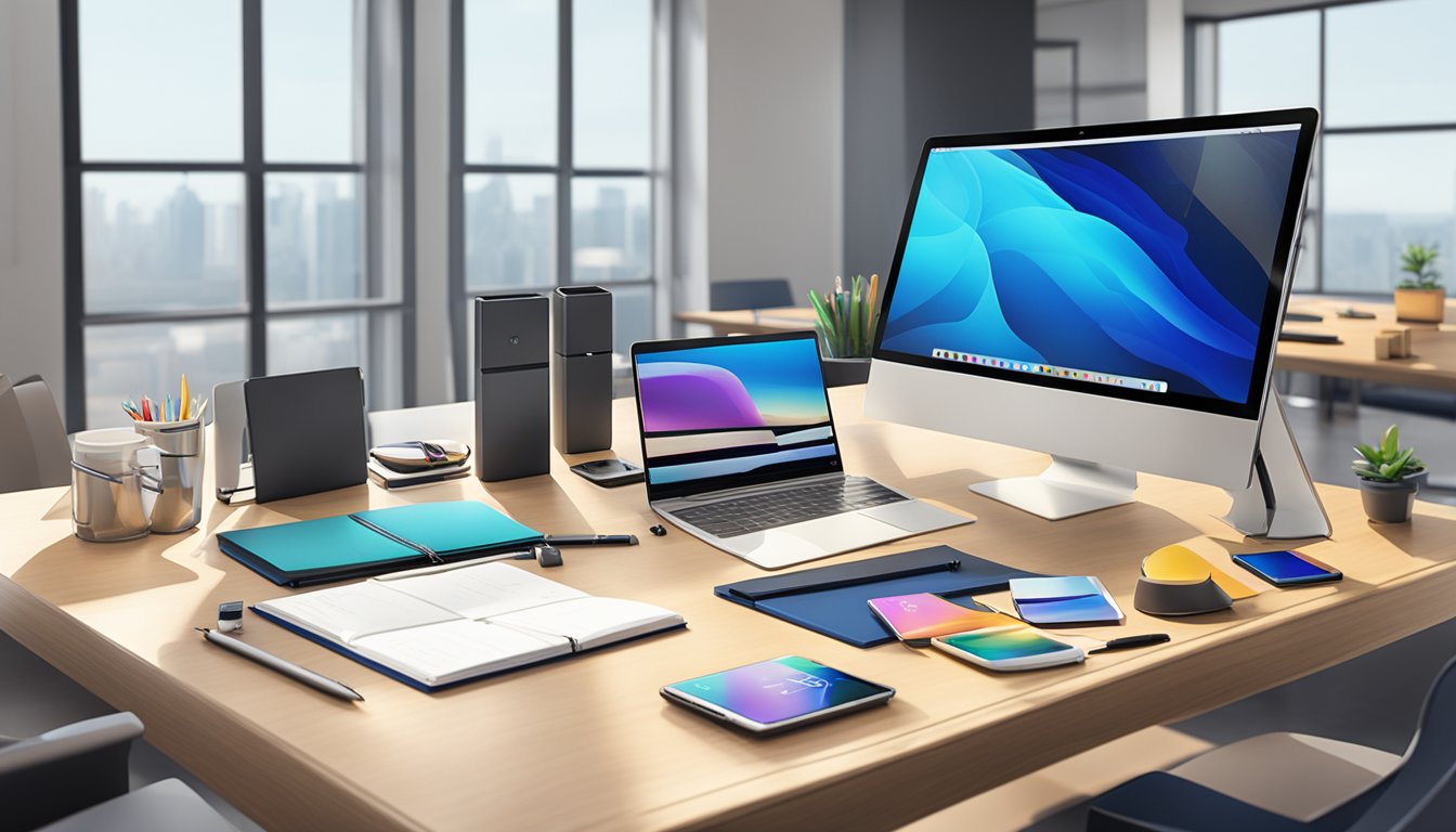 A table with various corporate gifts, including branded pens, notebooks, and tech accessories, displayed in a well-lit showroom