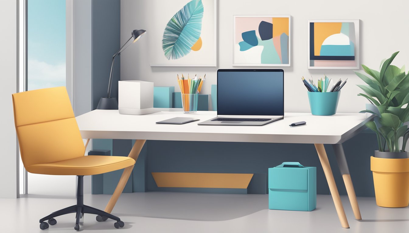 A sleek office desk with a laptop, pen, and notepad. A branded corporate gift box sits on the desk, surrounded by modern office decor