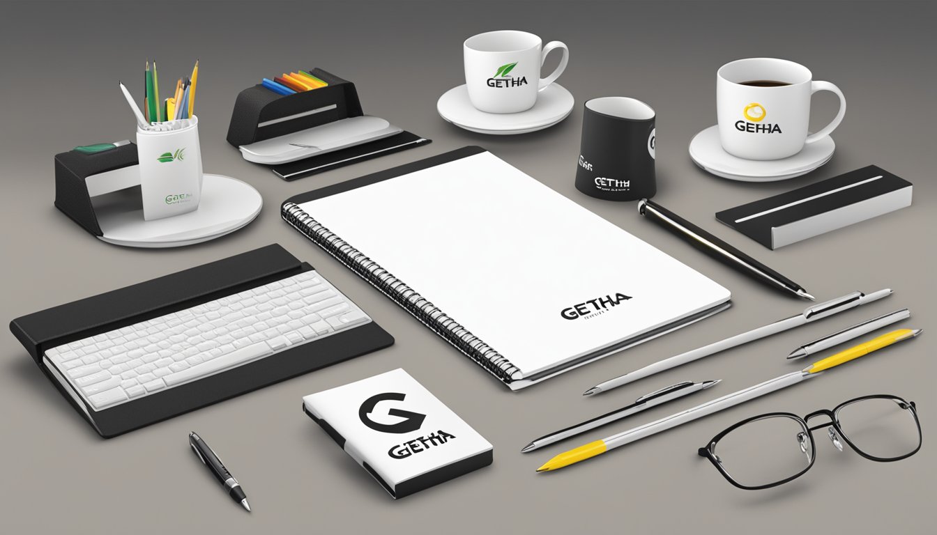 A table displays a variety of corporate gifts, including pens, notebooks, and mugs. The Getha logo is prominently featured on each item