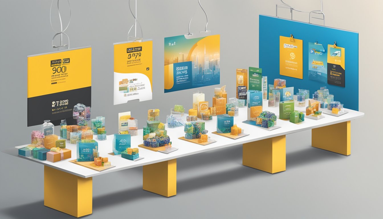 A table displays various corporate gifts with price tags. A sign reads "Getha Corporate Gifts Singapore Review" above the display