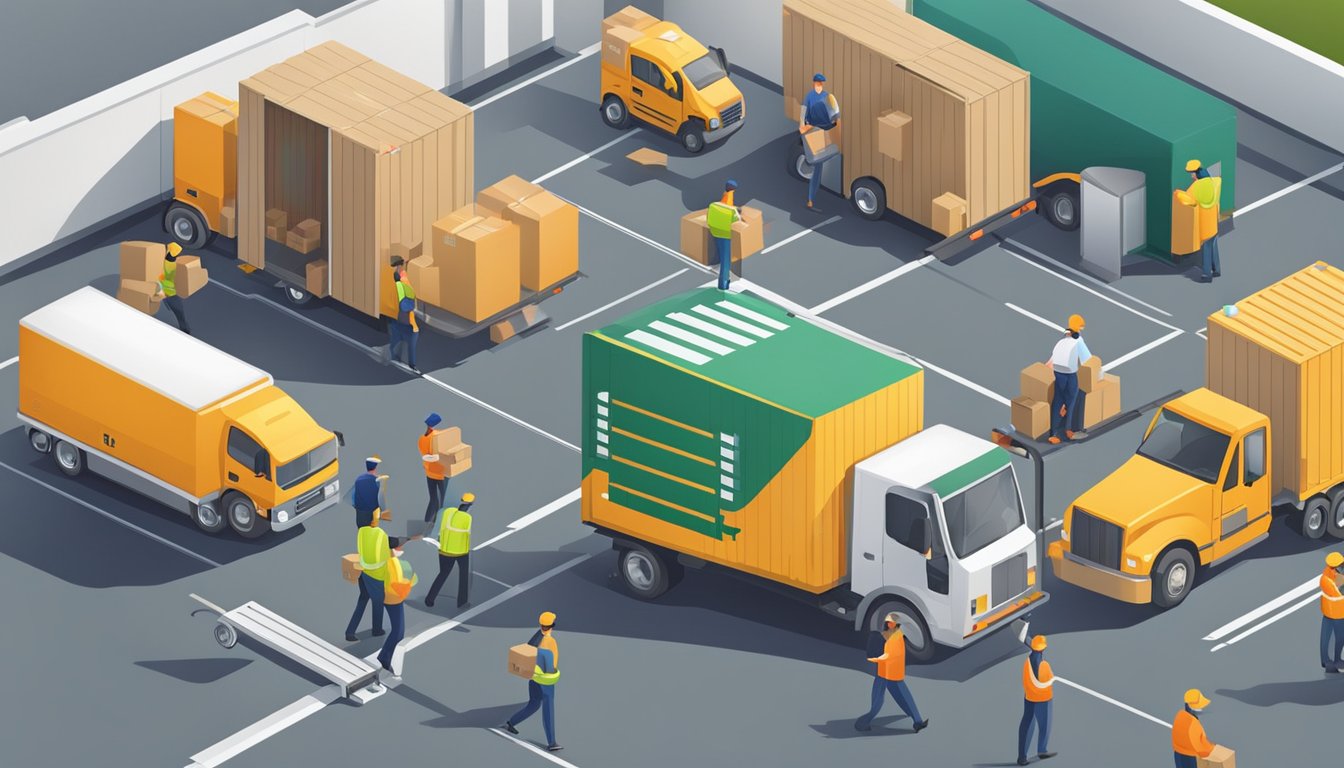 A delivery truck parked outside a corporate office, with packages being unloaded by workers onto a conveyor belt for shipping