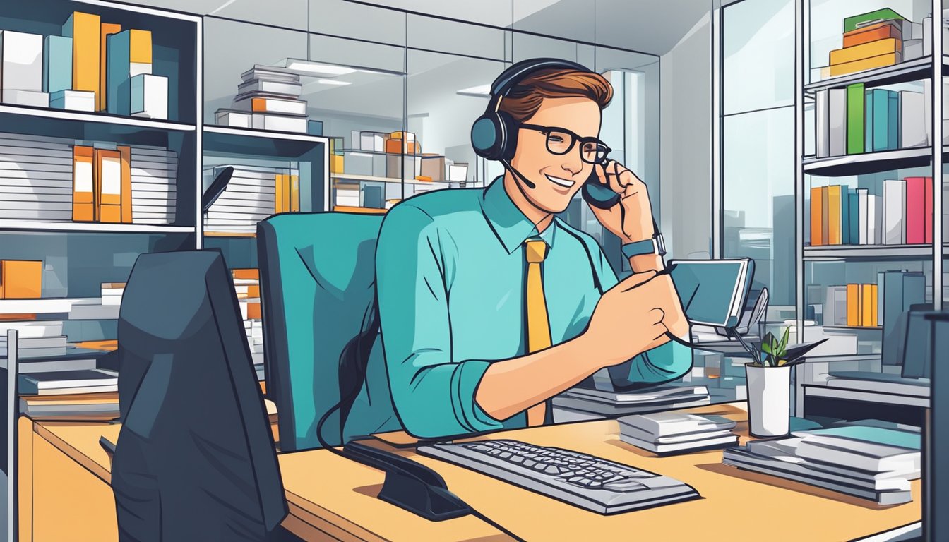A customer service representative answers calls in a bright, modern office with shelves of corporate gifts in the background