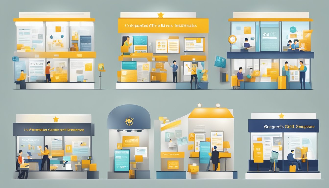 A collection of positive reviews and testimonials for Getha Corporate Gifts Singapore, displayed on a digital screen or printed on a banner