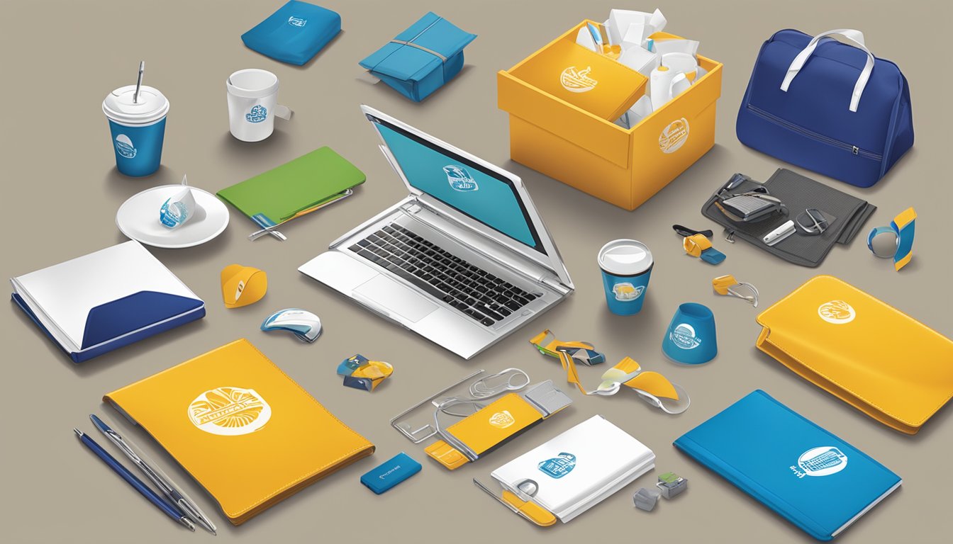 A table with various corporate gifts displayed, including branded merchandise and promotional items. A company logo is prominently featured