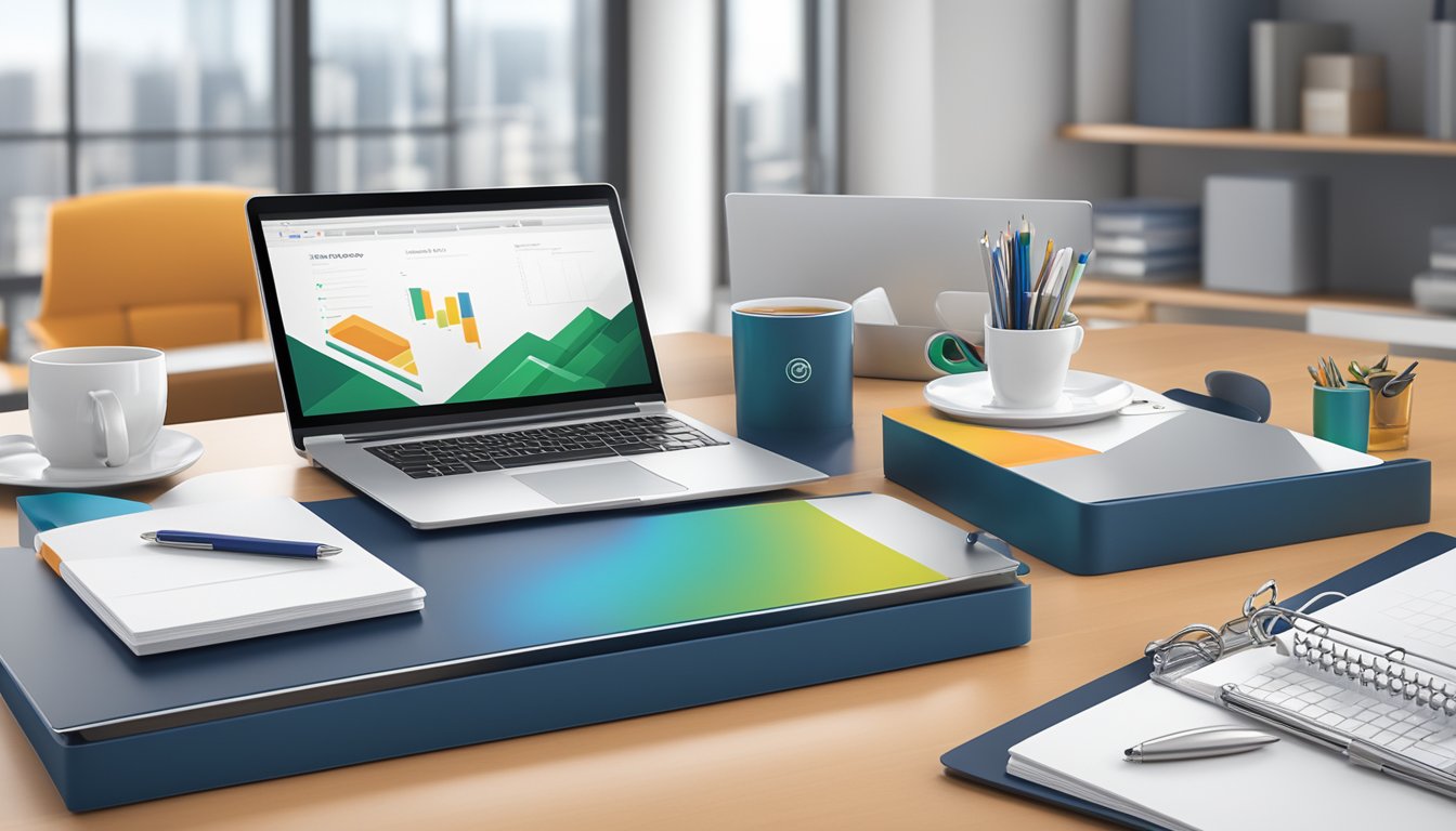 A sleek office desk with branded corporate gifts displayed, including mugs, pens, and notebooks. The company logo is prominent in the background