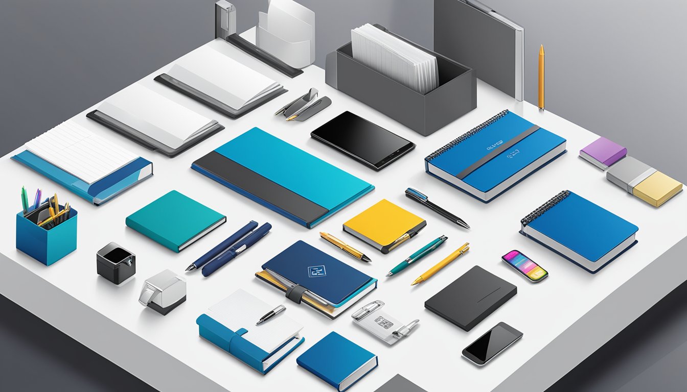 A table displays a variety of corporate gifts, including branded pens, notebooks, and electronic gadgets. Bright packaging and sleek designs stand out on the display