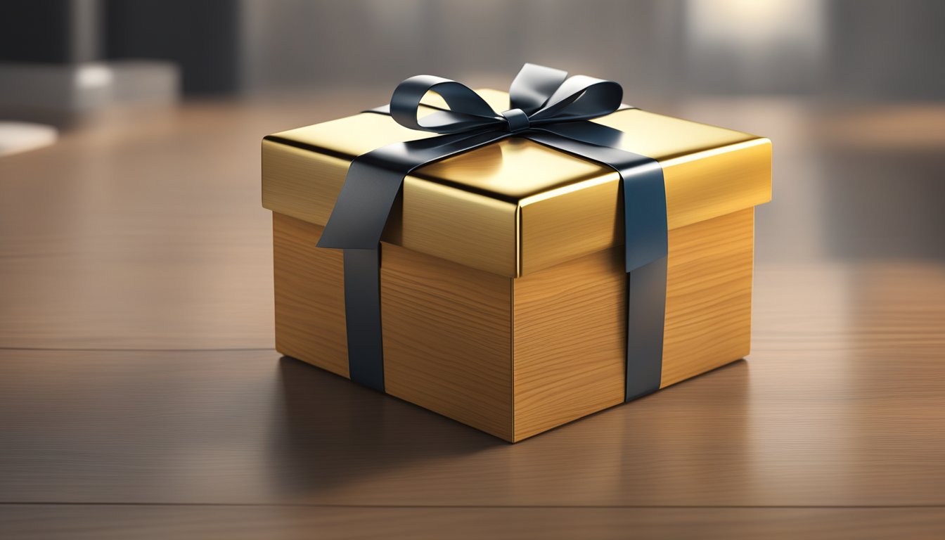 A sleek and modern corporate gift sits on a polished wooden desk, catching the light to showcase its quality and craftsmanship