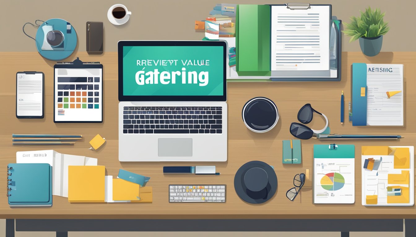 A table with various corporate gifts displayed, including branded items and promotional products. A sign reads "Pricing and Value Gatewin Marketing Pte Ltd Corporate Gifts Review."