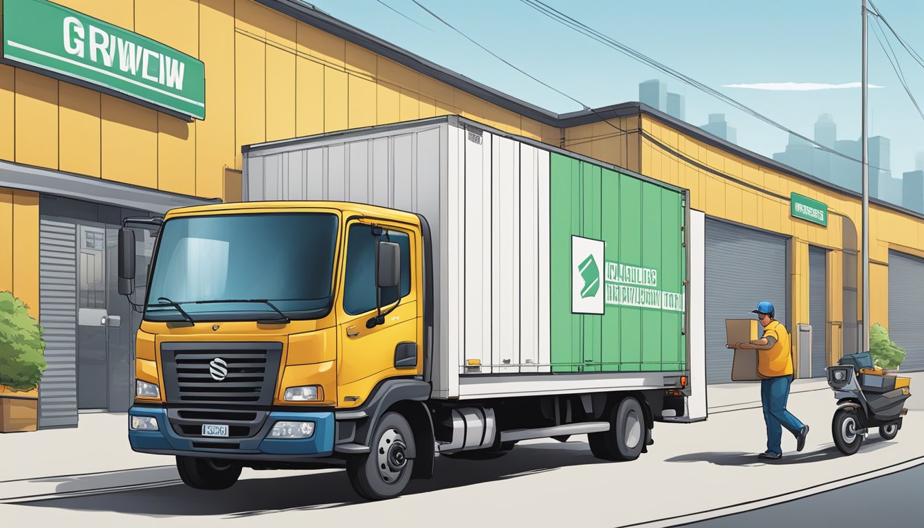 A delivery truck pulls up to the Shipping Gatewin Marketing Pte Ltd warehouse, unloading boxes of corporate gifts for review