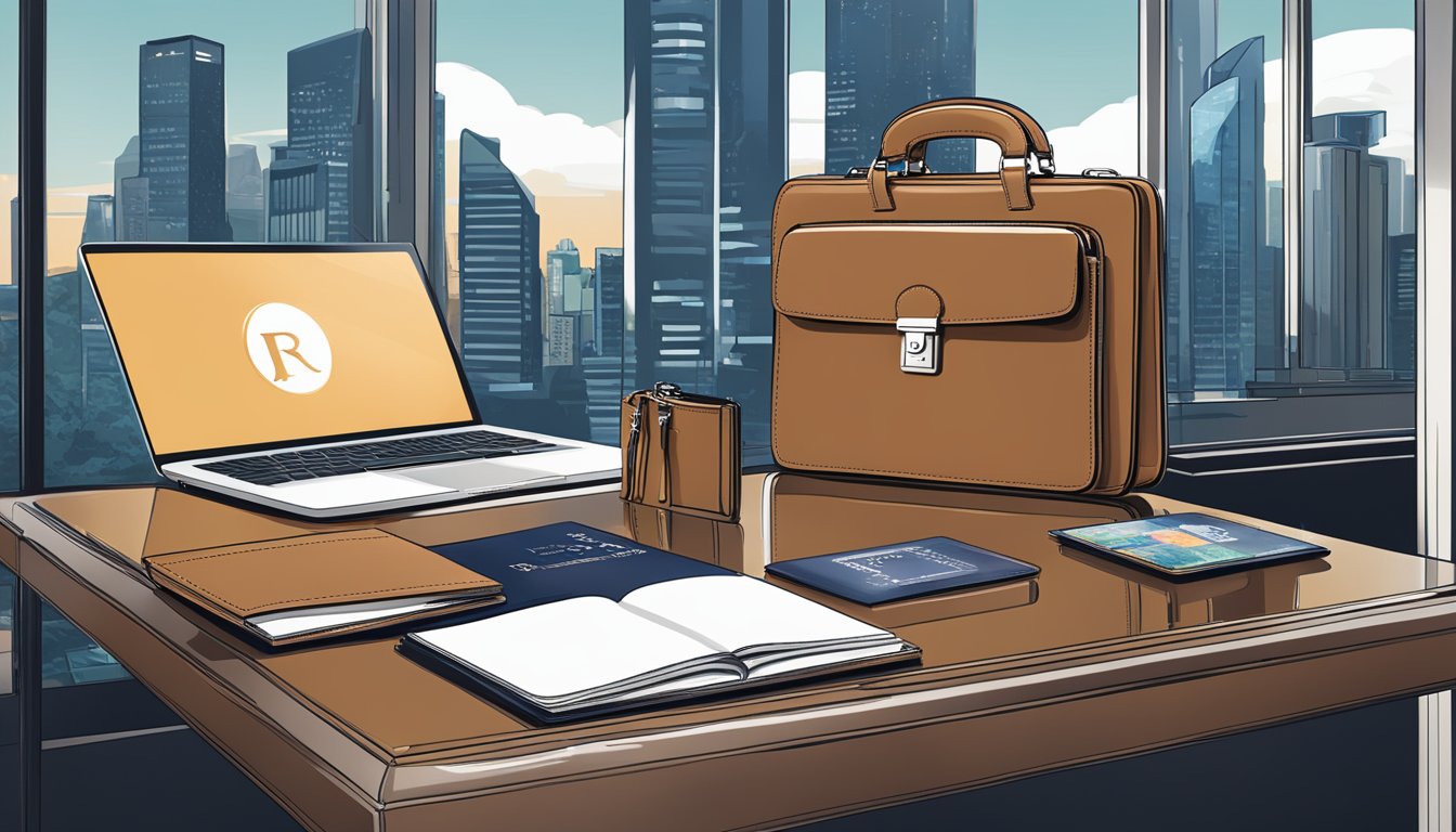 A sleek leather briefcase and matching wallet sit on a polished desk, adorned with the Rever Leather Goods logo. A Singapore skyline is visible through the window in the background