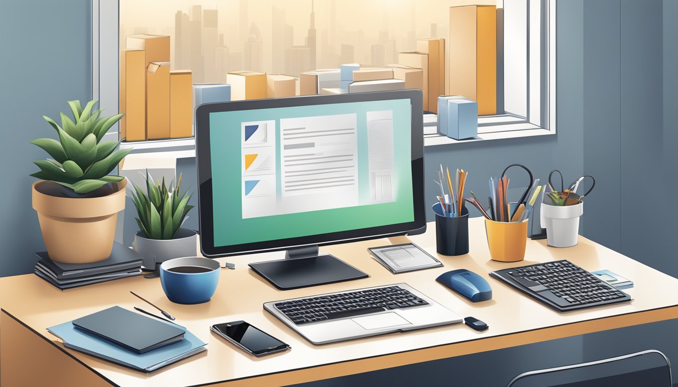 A busy office desk with a computer, phone, and corporate gift samples. Logo and branding materials displayed on the wall